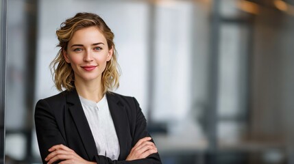 Confident Portrait: A stylish professional woman, exudes confidence, with arms crossed, gazing at the viewer, the business environment serves as a background.