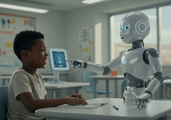 Young student interacting with a modern robot in a classroom setting