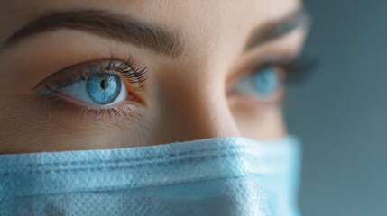 Eye of the Protector: The piercing blue eyes of a healthcare professional, half-concealed by a surgical mask, reflect resolve and compassion. A portrait of care and dedication.