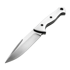 Stainless steel fixed blade knife isolated on transparent background. Sharp metal tool for cooking, outdoor survival, camping gear, tactical equipment, and product design or e-commerce display.