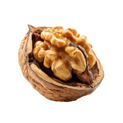 Cracked walnut showing kernel isolated on transparent background. Natural nut rich in omega fats for brain food, healthy diet, organic snacks, and nutrition branding.