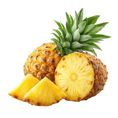 Fresh pineapple with sliced pieces isolated on transparent background. Tropical fruit for healthy nutrition, juice, dessert ingredients, organic food, and summer marketing concepts.