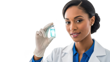 Female scientist holding a small blue cube in a lab setting isolated on transparent background