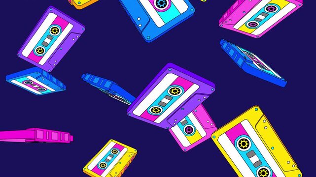 Outline cartoon music cassete tapes falling down. Colorful 3d animation of retro mixtapes flying rotating on a transparent alpha channel. Seamless loop