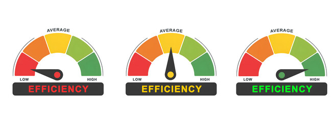 Efficiency Meter Gauge: Low, Average, and High Performance Indicators  Illustration isolated on white background