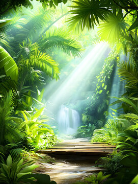Lush Tropical Jungle Rainforest with Green Palm Leaves and Sunlight