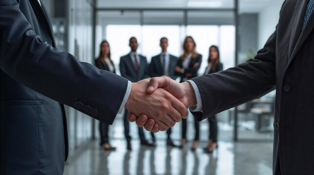 Stretta di mano tra due uomini in giacca in ufficio per accordo e collaborazione. Generative AI