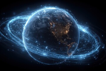 Obraz premium Global digital planet with blue glowing connections circling the Earth for a futuristic technology concept