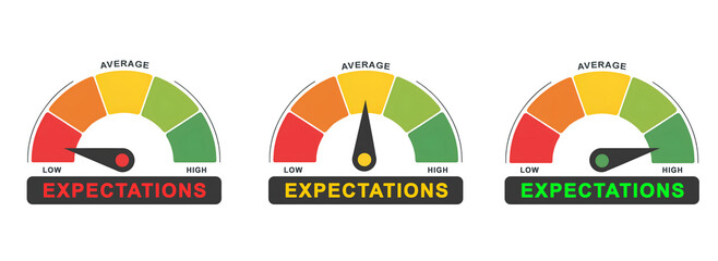 Expectations Meter Graphic Showing Spectrum from Low to High isolated on white background