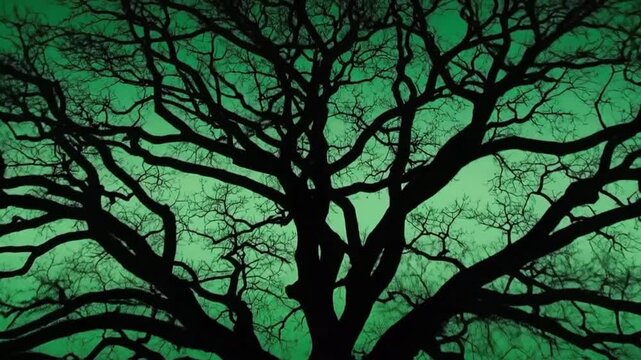 Silhouetted leafless trees against a vibrant green background creating a captivating natural pattern