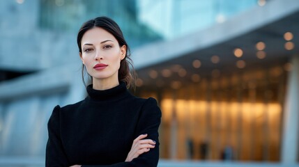 Poised Professional Woman: A confident woman with a focused gaze and arms crossed against the backdrop of an modern urban building, exudes elegance, power, and authority.