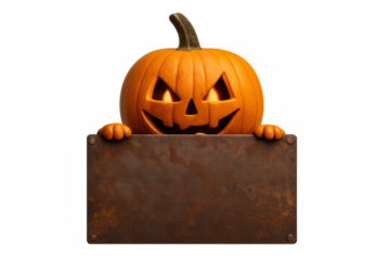 Halloween jack-o'-lantern holding blank rusty metal sign with glowing eyes, carving face, representing spooky holiday message