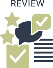 Customer review with stars, checkmarks, and speech bubbles