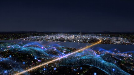 Digital Cityscape at Night: Futuristic nightscape showcases a network of illuminated connections weaving through a modern city.