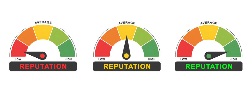 Reputation Meter Measuring Gauge Indicator Illustration with Low Average High Levels isolated on white background