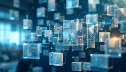 Futuristic digital interface with floating translucent screens in modern office