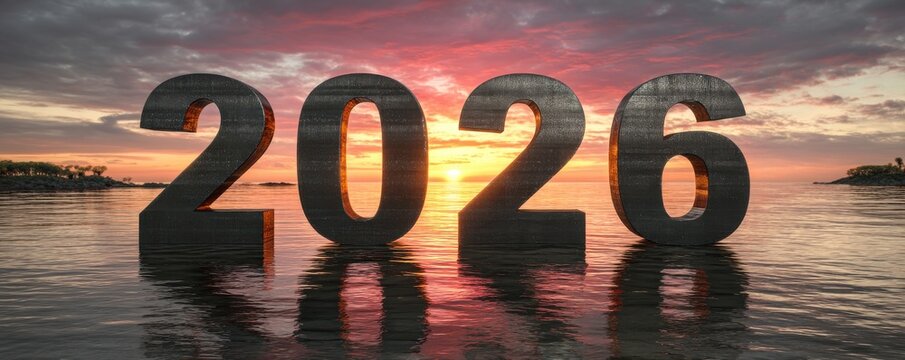 Bold 2026 numbers rise from calm sunset water, creating a striking centerpiece for stock use - Powered by Adobe