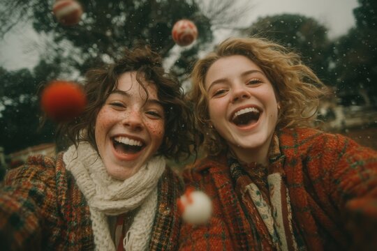 Two friends in plaid coats laugh together as they throw Christmas ornaments outdoors