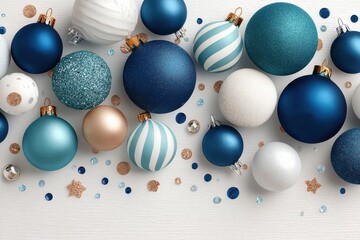 Obraz premium Blue and silver Christmas ornaments scattered on a white background for festive holiday décor and celebration