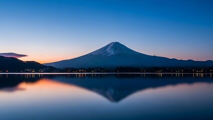 Majestic mount fuji reflecting on tranquil lake kawaguchiko at dusk