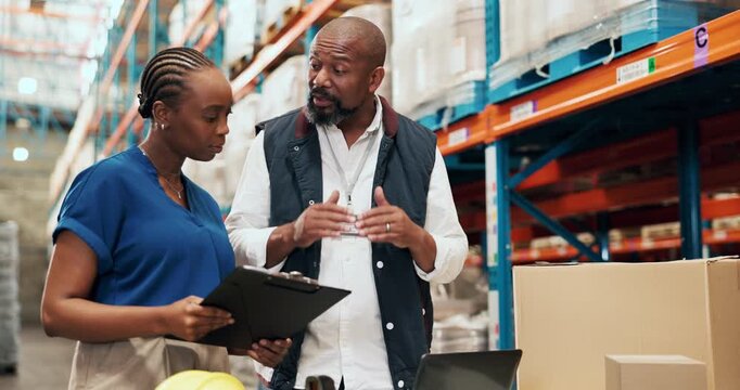 Black people, laptop and clipboard for logistics in warehouse for stock, supply chain and inventory. Woman, mature man or talk with pc for inspection checklist, delivery agenda and shipping teamwork