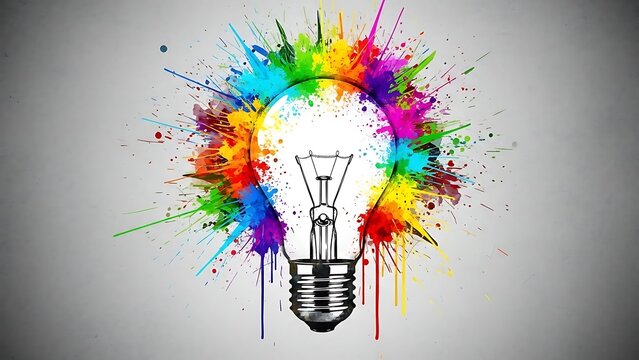 A colorful explosion of creativity surrounds a bright idea light bulb - Powered by Adobe