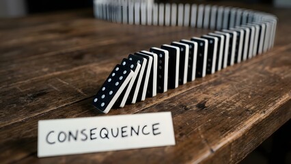Dominoes Falling with Consequence Sign on Wooden Table.