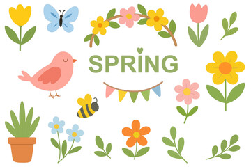 Cheerful spring illustration with flowers, bird, bee, butterfly, and pastel bunting around bold &ldquo;SPRING&rdquo; text. Bright, festive, and perfect for seasonal themes.
