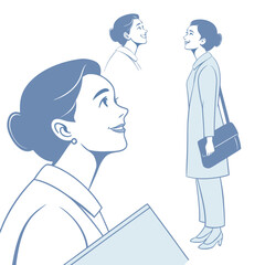 Fototapeta premium Daydreaming in Blue: A woman, lost in thoughtful reverie, looks upward with a serene smile. Set against a minimalist backdrop, the image evokes introspection and quiet contemplation.