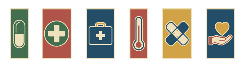 Fototapeta premium Set of six retro medical icons featuring a pill, cross, first aid kit, thermometer, bandages, and a hand holding a heart, illustrating various healthcare themes