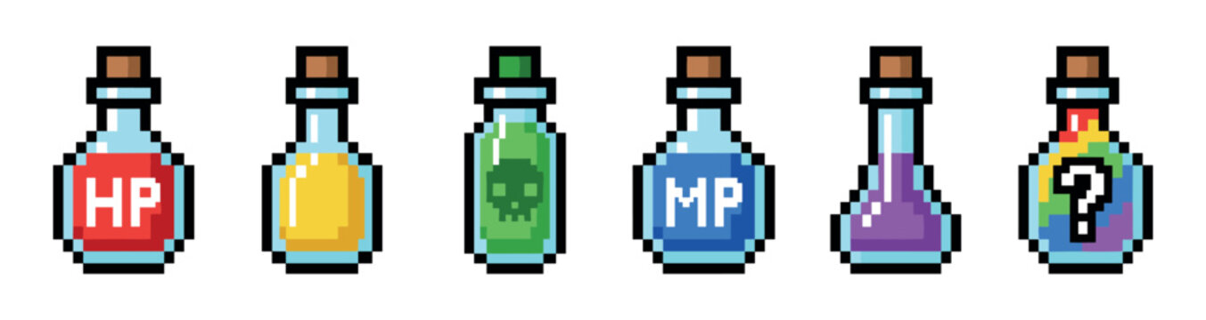 Pixel art video game potion bottles set with different colors and labels for health, mana, and poison, representing items and assets in a retro 8-bit or 16-bit RPG style