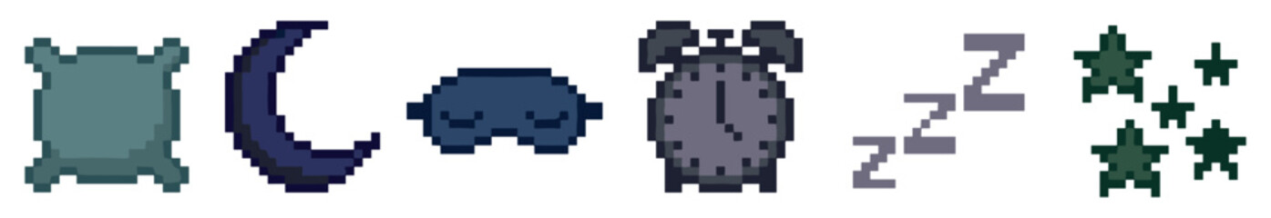 Collection of pixel art sleep-themed sprites featuring a bed, crescent moon, alarm clock, and stars in a classic 8-bit retro video game design