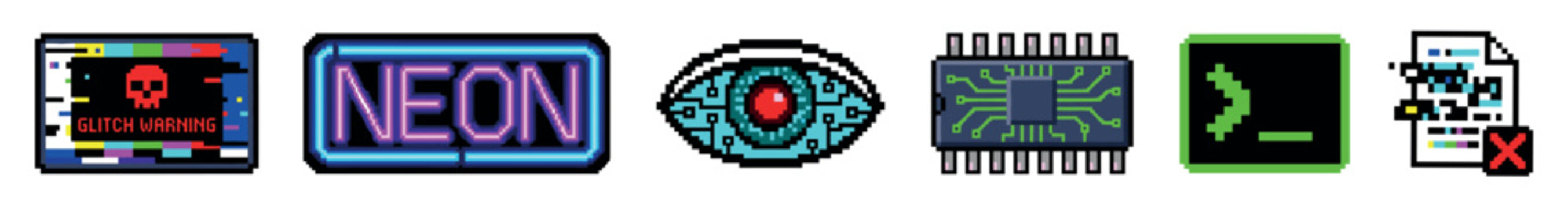 Collection of colorful pixel art cyberpunk icons including a glitch screen with a skull, a glowing neon sign, a cybernetic eye, a CPU, a command line, and a corrupted file