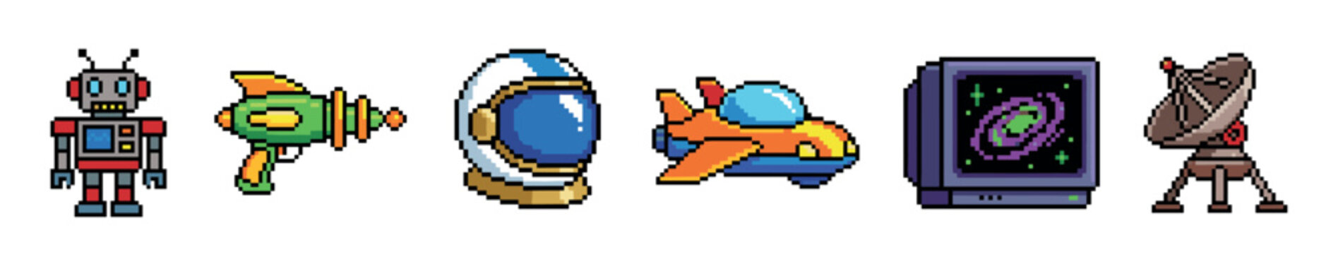 Set of pixel art science fiction icons featuring a robot, ray gun, astronaut helmet, spaceship, computer monitor, and satellite dish in a retro 8-bit video game style