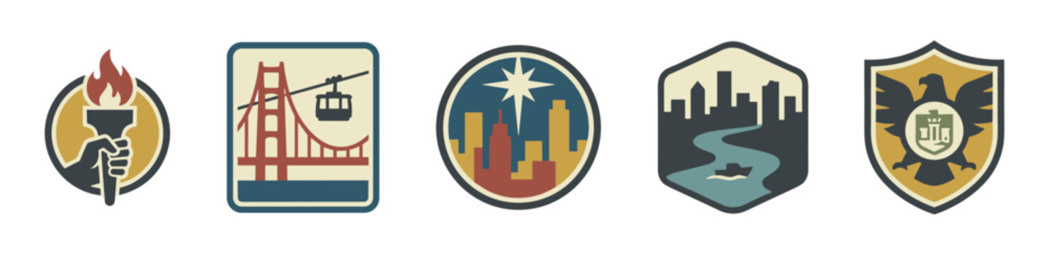 Collection of five retro vector emblems and badges featuring a flaming torch, suspension bridge, city skylines, and a heraldic eagle shield in a vintage, graphic style