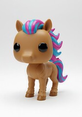 Toy horse figurine with blue and pink mane and tail on white background