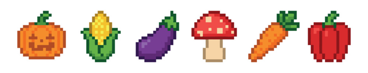 Fototapeta premium Set of pixel art vegetable icons including a jack-o-lantern, corn, eggplant, mushroom, carrot, and bell pepper in a retro 8-bit video game style