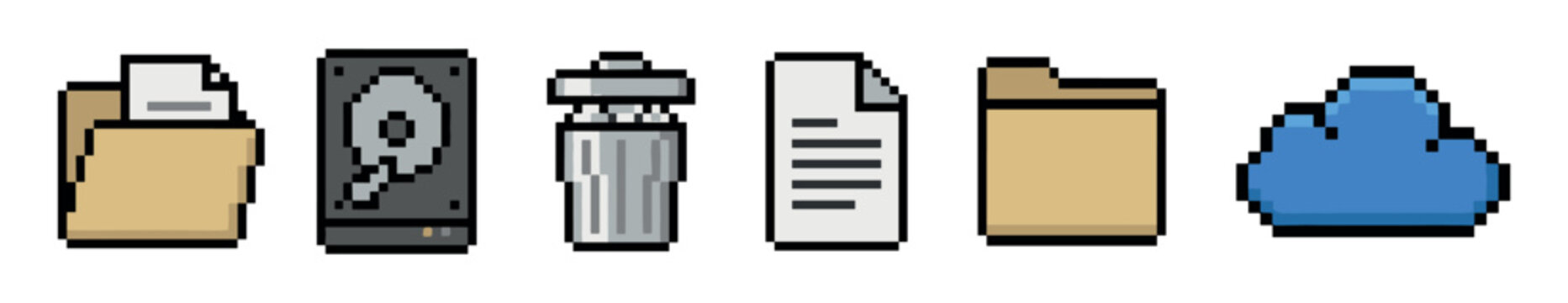 Six pixel art computer user interface icons showing a folder, document, hard disk drive, recycle bin, and cloud storage in a nostalgic, old-school digital graphic style