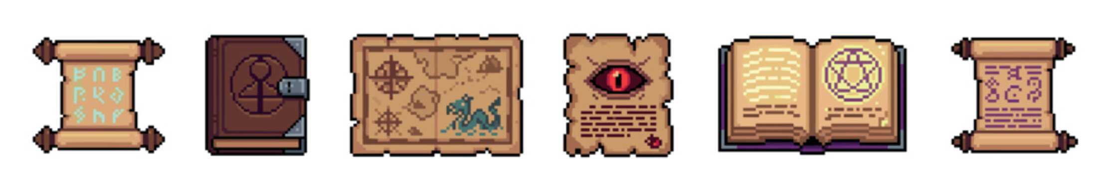 Set of pixel art fantasy scrolls and books for a video game, featuring a treasure map, a locked diary, and magical spellbooks with glowing runes and arcane symbols for a quest