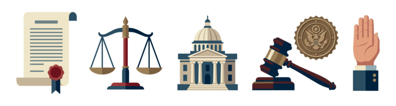Set of law and justice vector icons including a sealed document, scales, courthouse, gavel, official seal, and a hand taking an oath, symbolizing the legal system and government