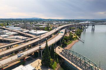 Obraz premium Infrastructure of highways over passes and bridges in Portland city, Oregon, 26th most populous city in USA