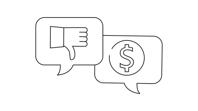 Line drawing a thumbsdown speech bubble overlaps a dollar sign speech bubble