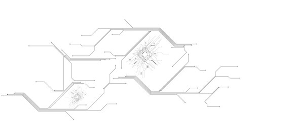 Obraz premium AI circuit board background with glowing data pathways and semiconductor chip technology creating futuristic digital network patterns in black electric light. 