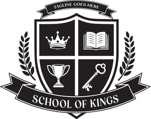 King crown, book, champion trophy cup, skeleton key and scroll ribbon for Family Emblem or Kingdom Realm Coat of Arms or School University Badge logo design