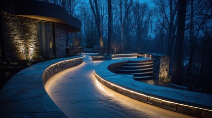 Twilight river deck with sculptural lighting fixtures rim light outlining architectural form gentle bokeh from background trees matte