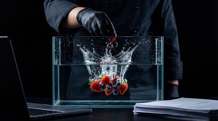 High-Speed Fruit Splash: Strawberries and Blueberries in Dark Water Tank