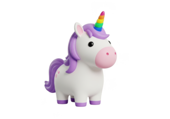 Colorful white unicorn toy with purple mane and rainbow horn on transparent background