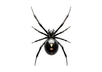 Close-up of a black widow spider with distinctive red hourglass shape on transparent background