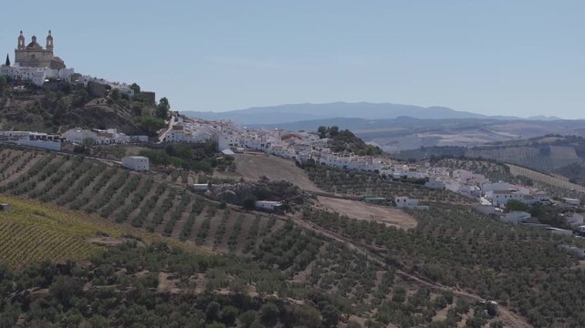 Aerial drone view of the white hill town of Olvera in Andalusia, Spain. Olive groves and agricultural farmland, historic castle, church, traditional village architecture, rural Mediterranean landscape