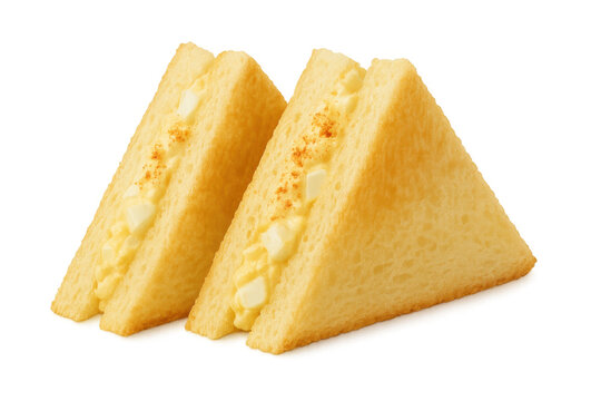 Tamago sando egg salad sandwiches, soft white bread with golden creamy filling, cut into triangles, transparent background